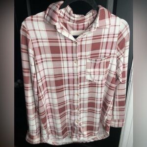 BLUENOTES pink plaid long sleeve shirt. Button down. Polyester & spandex. SMALL